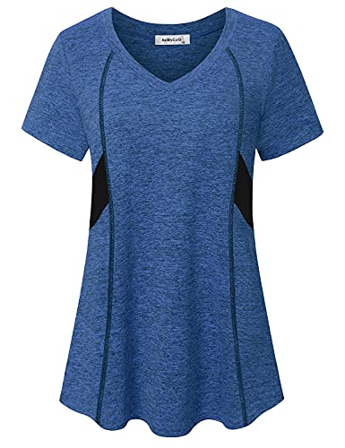 Casual Active Shirts for Women,Exercise Gym Athleisure Yoga Short Sleeve V Neck Tops Sports Marathon Biking Functional Rapidry Wicking T-Shirts Western Holiday Wear Blue Medium