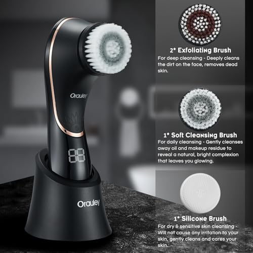 Facial Cleansing Brush, Electric Face Scrubber Rechargeable Exfoliator IPX-7 Waterproof Rotating Cleanser for Exfoliating, Massaging and Deep Cleansing for Women & Men with 4 Brush Heads Black