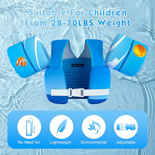 REALIKE Kids Swim Vest for Toddler Floaties Swimming Aids with Shoulder Harness Arm Wings for Children/Infant/Baby,Sea Beach/Pool/Lake, Suitable for 28-70lbs Boys/Girls