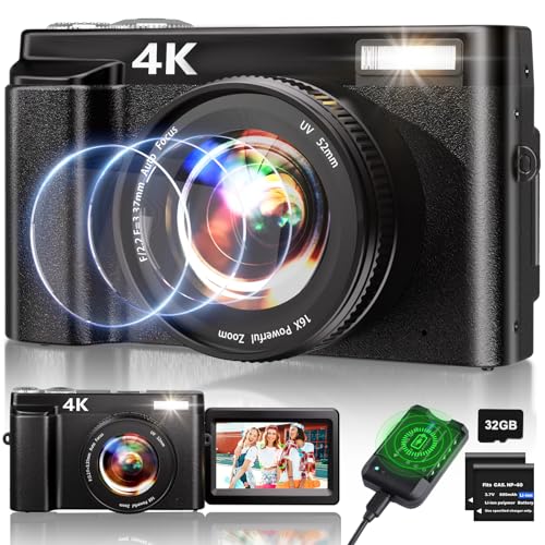 4K Digital Camera for Photography, 48MP Auto-Focus Vlogging Camera for YouTube, 16X Digital Zoom/ 3" 180° Flip Screen/Anti Shake/Flash with SD Card, Compact HD Camera (2 Batteries & Battery Charger)