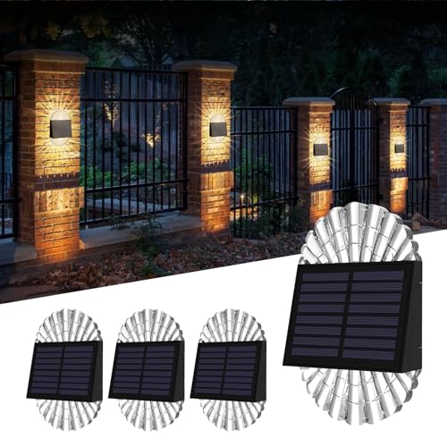 Cubetoou Solar Deck Post Outdoor Lights, 4 Pack Fence Solar Lights, Solar Fence Lights Outdoor Waterproof Led for Garden, Yard, Outdoor, Patio Decor, Warm White