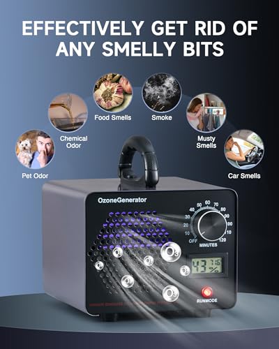 CREWORKS Ozone Generator, 5000 mg/h High Capacity Ozone Machine for Car Home Smoke Pet Odor Removal, Commercial Ozone Odor Eliminator Air Purifier with Timer Display for 3200 sq ft Room, Black