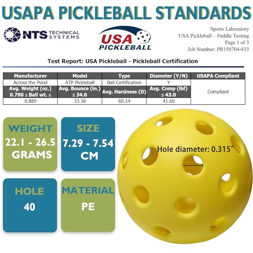 ACROSS THE POND Pickleball Balls, Outdoor Pickleballs Only Balls 6/12 Pack, USAPA Approved Pickleballs with Carrying Bag, Yellow Pickle Ball Balls 40 Holes