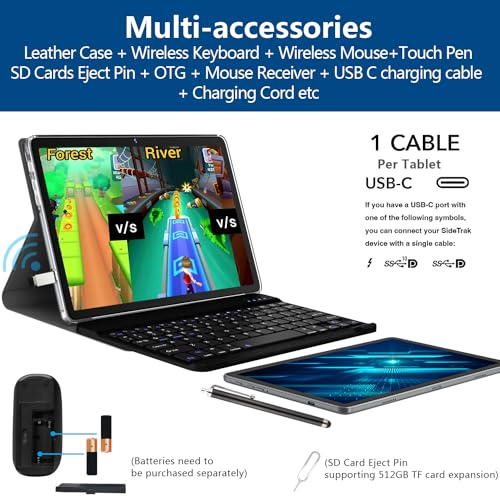 2024 Newest 2 in 1 Tablet 128GB Storage+1TB Expand 10 inch Tablets, 2.4G&5G WIFI Tablet PC, Android 12 Tablet with Keyboard, Octa Core HD Touchscreen 13MP Dual Camera GMS Tablet with Case Mouse (Gray)