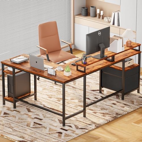 Furologee 66" L Shaped Computer Desk with Shelves, Reversible Corner Gaming Desk with File Drawer and Dual Monitor Stand, Large Home Office Desk Writing Study Table Workstation, Rustic Brown