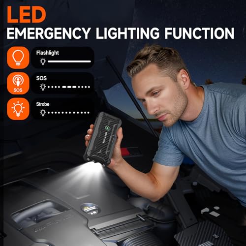 Car Jump Starter, Portable Car Battery Charger for Up to 8.5L Gas & 8.0L Diesel Engines, 12V Car Jump Box with 4 Modes Flashlight, Power Bank Function, Smart Jumper Cables