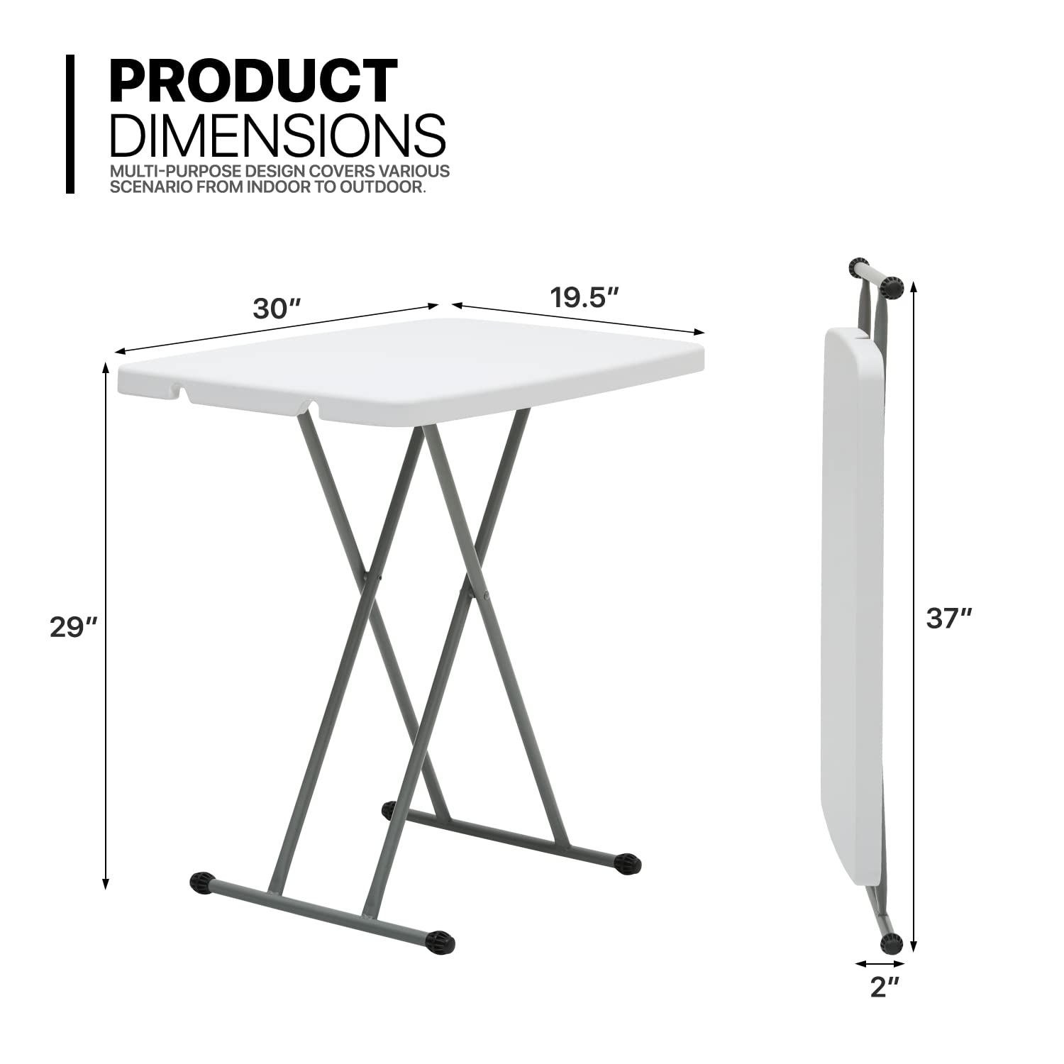 MoNiBloom TV Tray Folding Table 30" Height Adjustable, Portable Indoor/Outdoor Picnic Partiestable and Laptop Square White Small Table with X Legs