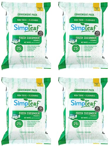 Simpleaf Flushable Wet Wipes Cucumber Eco-Friendly, Paraben & Alcohol Free | Hypoallergenic & Safe for Sensitive Skin | Soothing Aloe Formula | (4 x 25 Counts Convenient Pack) 100 Counts Total