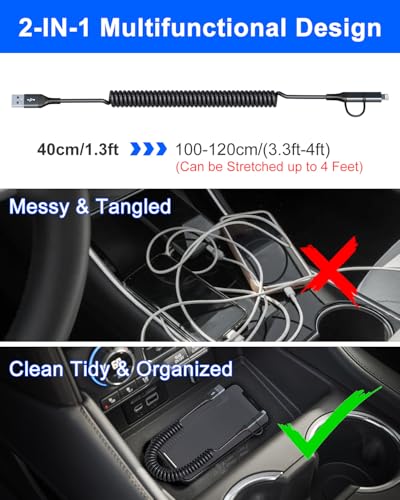 USB to USB C and Lightning Cable 2 in 1-3A Fast Charging & Data Sync Apple CarPlay & Android Auto Coiled Lightning and USB C Cable for iPhone 15 Plus 14 13 12 11 Pro/max/USB C Android Smartphones