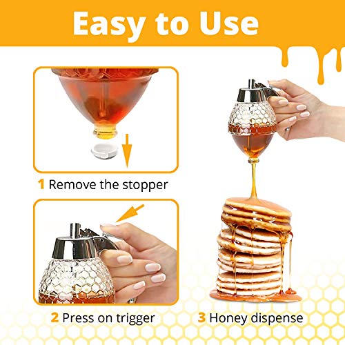 CLEVLI Honey Dispenser – No Drip Glass with Stand – Honey Jar – Clear Glass Honey Container with Dipper 8 Oz – Maple Syrup Dispenser – Honey Pot with Stand – Honey Bottle with Flip Top Lid