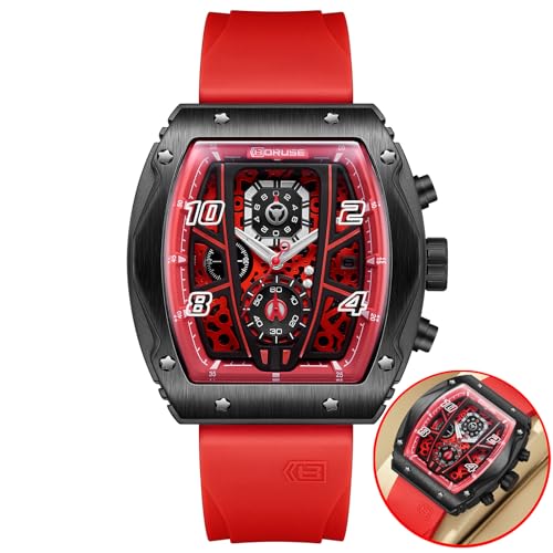 BORUSE Chronograph Watch for Men Red Square Waterproof Quartz Watches Fashion Sport Silicone Strap Luminous Calendar Analog Wristwatch