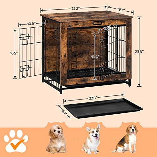 Dog Crate Furniture, 25.5" Small Dog Kennel Indoor, Wooden Dog Crate with Pull-Out Tray, Double Doors Dog House, Modern Side End Table for Small/Medium Dog, Rustic Brown BF642GW03G1