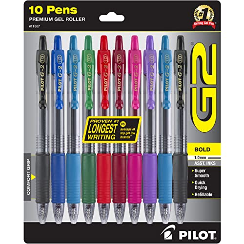 PILOT G2 Premium Retractable Gel-Ink Rolling Ball Pens, Bold Point (1.0mm), Assorted, 10-Pack, (11887)