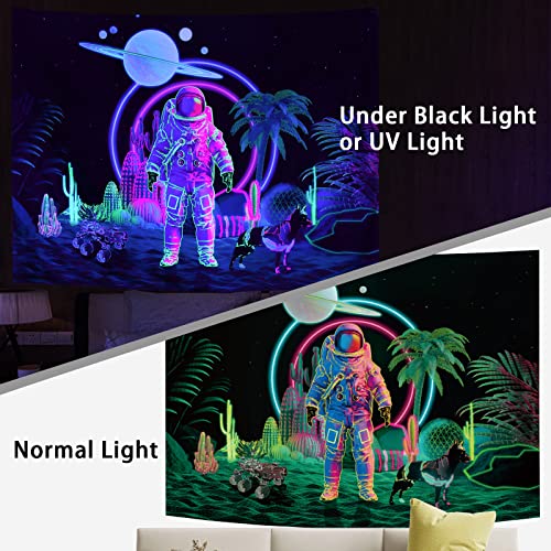 Amonercvita Blacklight Astronaut Tapestry UV Reactive Planet Tapestry Neon Cactus Tapestry Galaxy Space Tapestry Black Light Palm Tree Wall Hanging for Room