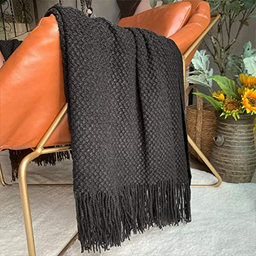 LOMAO Knitted Throw Blanket with Tassels Bubble Textured Lightweight Soft Throws for Couch Cover Home Decor (Navy, 50x60)