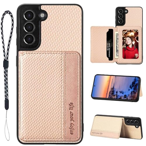 S21 Case Card Holder,for Galaxy S21 Case,RFID Blocking Slots,S21 Phone Case Kickstand Lanyard,PU Leather Shockproof Protective Magnetic Flip Cases Folio Cover for Samsung Galaxy S21 5G (Beige)