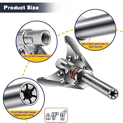 OKYOUK 2Pcs World's Smallest Grease Gun Coupler (Only 0.53 "), with Zerk Cleaning Tool, High Pressure Quick Release Grease Tips,Fit All 1/8" NPT Manual/Electric Grease Gun