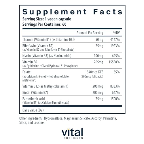 Vital Nutrients Vitamin B6 + B Complex | Vegan Methylated B Vitamins for Energy, Metabolism, Heart Health* | High-Potency Vitamin B6 for Menstrual Discomfort * | Gluten, Dairy, Soy Free | 60 Capsules