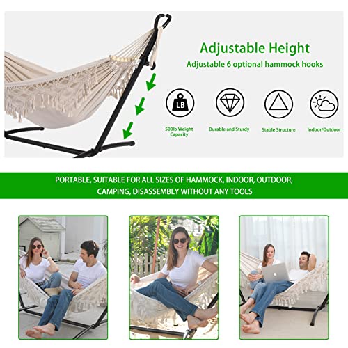 SXSEAGLE Double Hammock with Stand Upgraded Phone Holder Portable Heavy Duty Stainless Steel Indoor Outdoor Patio Yard Beach with Carrying Case （2022 Beige）