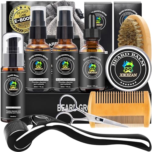 XIKEZAN Beard Kit - Includes Beard Wash, Serum (2 Pack), Oil, Balm, Comb, Brush, Scissors, Bag, E-Book - Ideal Stocking Stuffer Gifts for Men, Him,Boyfriend Husband,Dad
