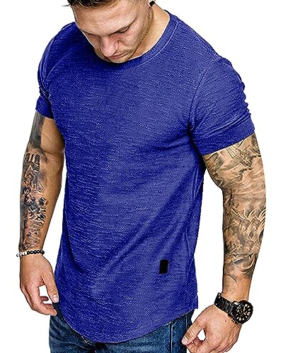 Fashion Mens T Shirt Muscle Gym Workout Athletic Shirt Cotton Tee Shirt Top 240-skyblue