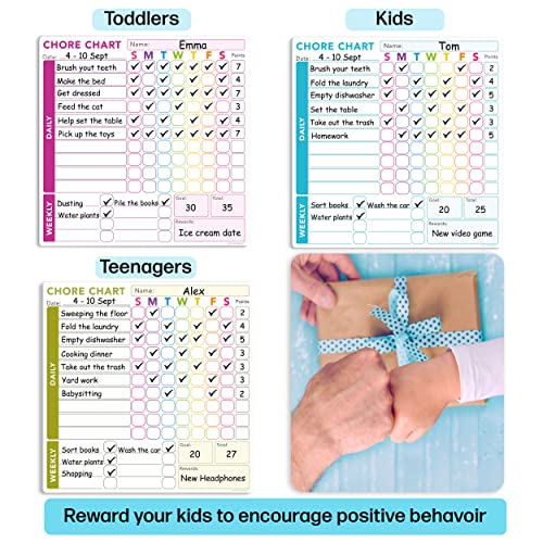 Behavior Reward Chore Chart for 1, 2, Or Multiple Kids, Teens & Adults. Fridge Magnetic Whiteboard Set- 3 Pcs of Individual Dry Erase Responsibility Charts (10x10 Inches Each) & 8 Fine Tip Markers