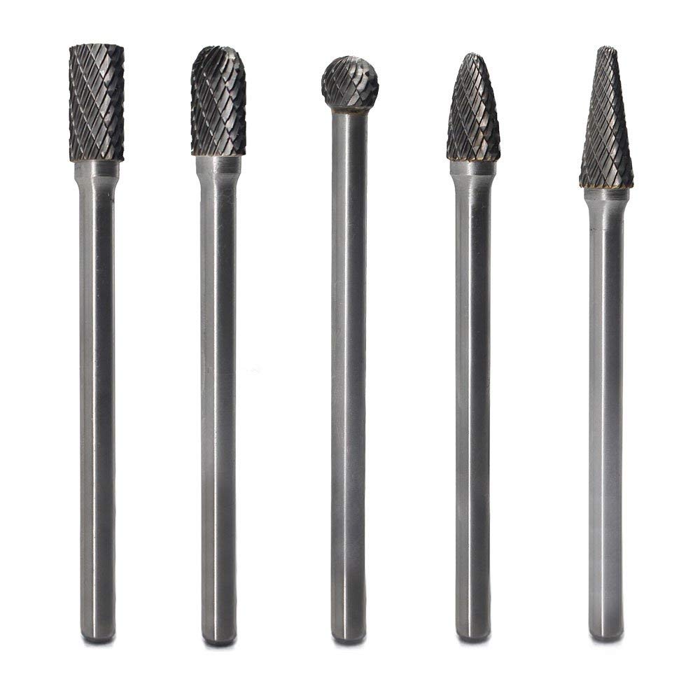 Carbide Burrs Set 5pcs JESTUOUS 1/4 Inch Shank Diameter Extended Long Double Cut Edge Solid Tungsten Carbide Burr Rotery File for Die Grinder Bits Drilling