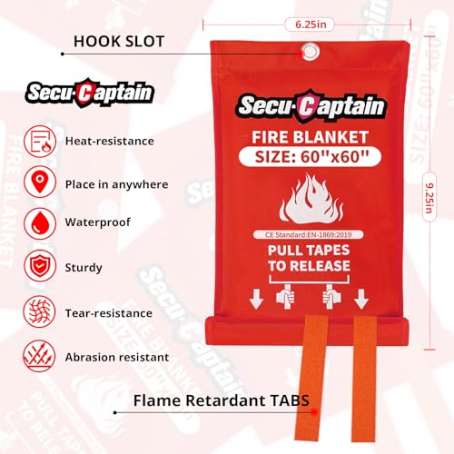 SecuCaptain Emergency Fire Blanket for Home - 60"x60" X-Large Flame Retardant Blankets with Fireproof Tabs for House Camping Kitchen Fire Protection Survival Safety