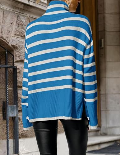 ZESICA Women's 2024 Winter Sweaters Casual Turtleneck Long Sleeve Striped Side Slit Loose Pullover Sweater Jumper Tops,Oats,Large