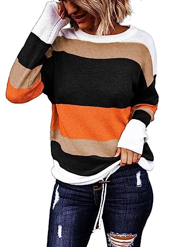 Dokotoo Sweaters for Women Color Block Sweater Round Neck Striped Winter Sweaters for Women Tops for Women Trendy Light Green Medium