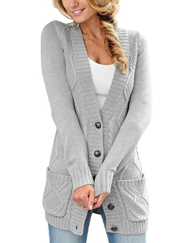 Sidefeel Womens Sweaters 2024 Trendy Long Sleeve Cable Knit Button Up Fall Long Cardigans Small Green
