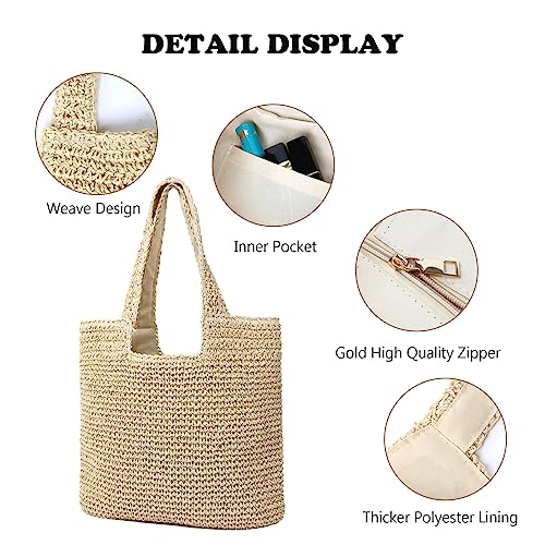 GERYUAEG Large Straw Beach Bag for Women with Coin Purse, Woven Tote Bag Summer bag Travel Shoulder Handbag (Beige)