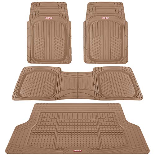 Motor Trend FlexTough Beige Floor Mats for Cars & Cargo Mat Full Set - All Weather Front & Rear Rubber Automotive Floor Mats & Cargo Liner for SUV, Car, & Van - Interior Trunk Mat & Floor Cover