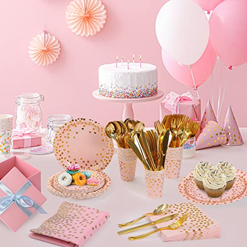 Dn Dennov 168PCS Pink and Gold-Pastel Party Supplies, Severs 20 Disposable Party Dinnerware Include Paper Party Plates, Cups, Napkins, Straw, Wooden Fork Spoon for Wedding,Christmas (Pink and Gold)