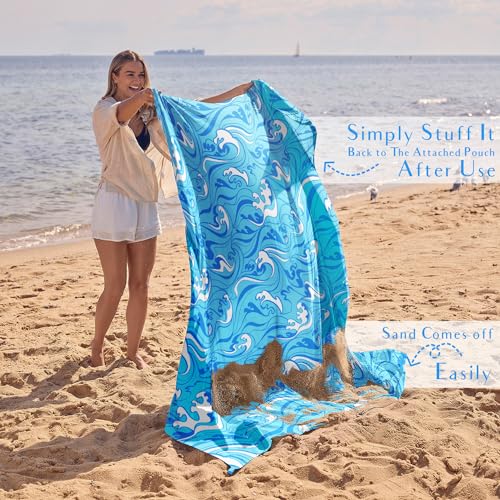 WEKAPO Beach Blanket Waterproof Sandproof Oversized - 8 Ft X 7 Ft Large Sand Free Beach Mat with Stakes, Essentials for Outdoor Beach, Picnic, Travel (Blue Ocean Waves, 8 X 7 FT (1~4 Person))