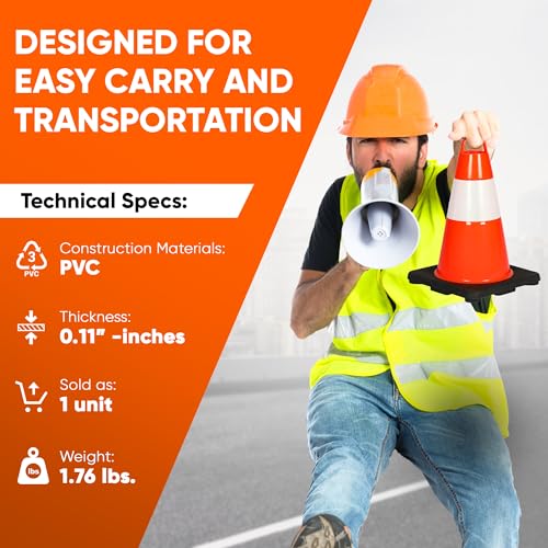 Pyle 6-Pack Traffic Safety Cones 12" inch High Visibility, Reflective Collars, PVC Durable Construction Orange Cones, for Traffic, Home, Parking, Road Safety, Driveway