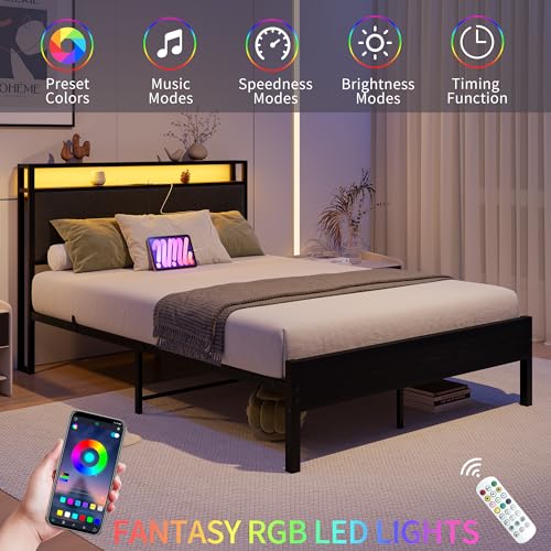 VECOCHO Twin Bed Frame with Charging Station and LED Lights,Upholstered Headboard with Storage Shelves,Heavy Duty Metal Slats, No Box Spring Needed,Noise Free, Easy Assembly,Black and Dark Grey