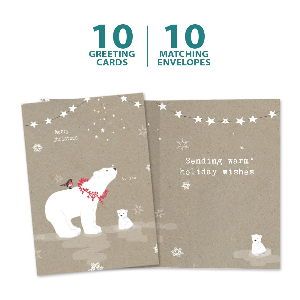 Tree-Free Greetings Holiday Greeting Cards, Polar Bear Merry Christmas, Vintage Brown Recycled Paper, Boxed Note Card Set, 10-Pack (HB93300)