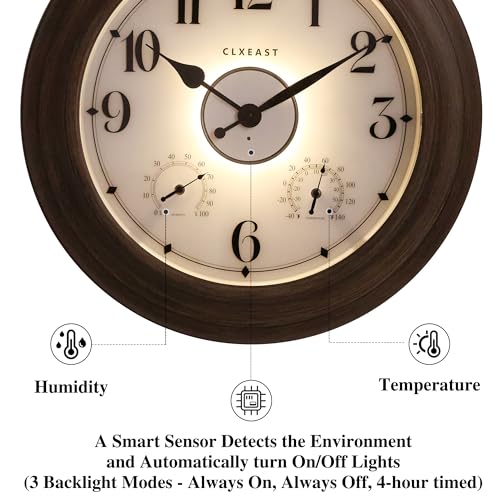 CLXEAST 24 Inch LED Illuminated Outdoor Clocks Waterproof with Thermometer & Hygrometer, Large Lighted Metal Wall Clock with Smart Light Sensor,Grey Oak Finish