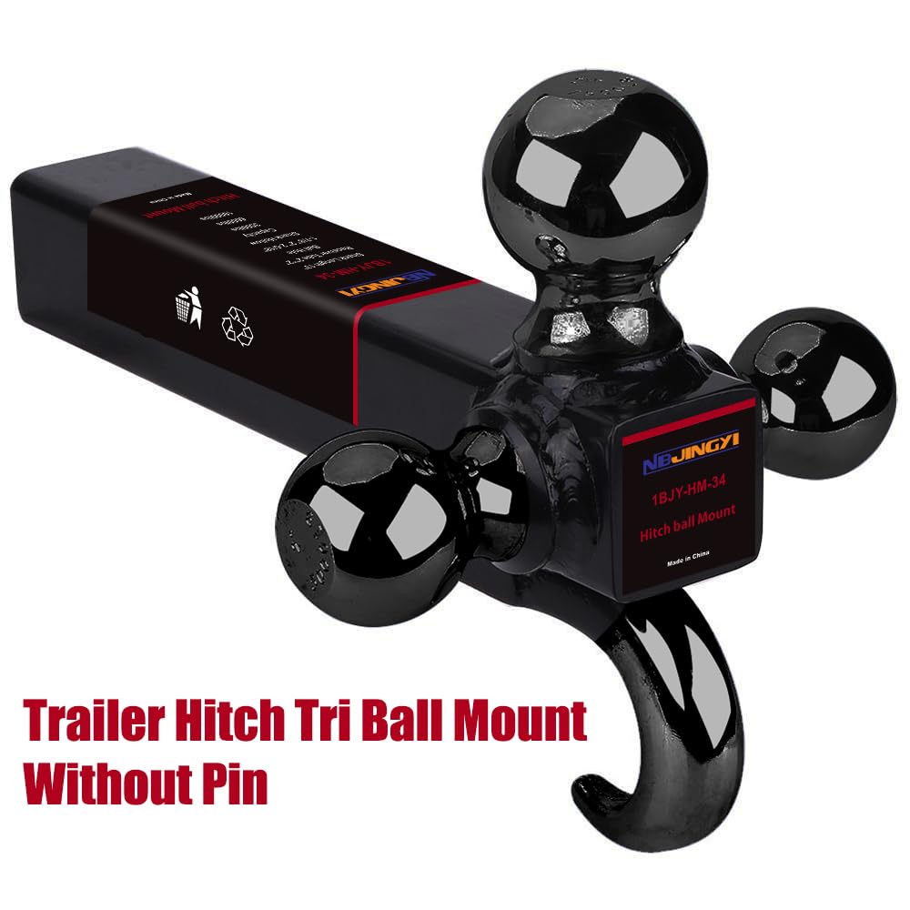 NBJINGYI 2" Trailer Hitch Tri Ball Mount with Hook 1-7/8", 2", 2-5/16" Black Plated Balls and Hook