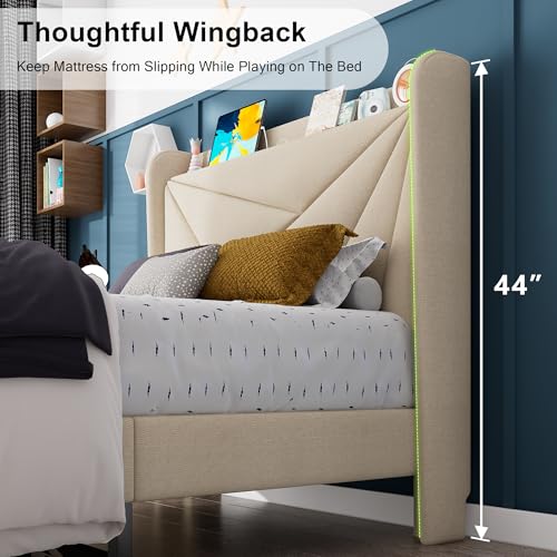 Feonase Twin Bed Frame, Upholstered Bed Frame with Charging Station, Wingback Storage Headboard, No Box Spring Needed, Noise-Free, Beige