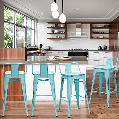 Alunaune 24" Metal Bar Stools Set of 4 Industrial Counter Height Barstools Kitchen Counter Stool Wood Top Low Back-Distressed Blue
