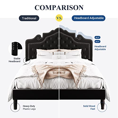 Allewie Full Size Bed Frame with Adjustable Velvet Tiara Headboard, Upholstered Diamond Button Tufted Platform Bed, Wood Slats Support, No Box Spring Needed, Black