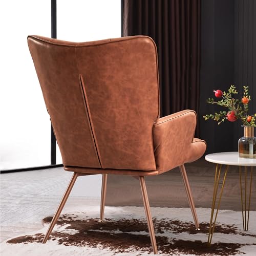 Kosydown Basic Leather Accent Chair, Brown Living Room Chair,High Back Accent Chair,PU Faux Leather Wingback Chair, Bedroom Chair