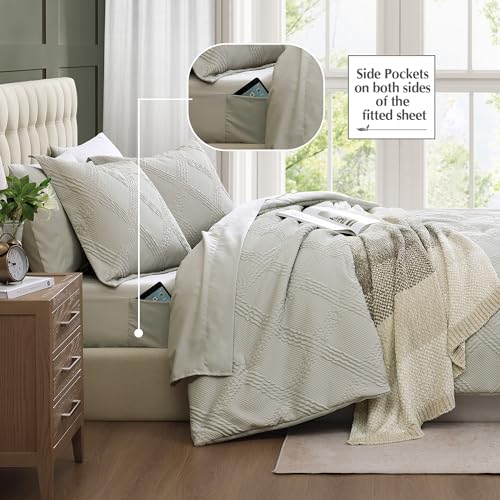 Geniospin Twin Comforter Set, Bed in A Bag 5-Pieces, Beige Textured All Season Comfortable Bedding Sets with Comforter, Sheet, Pillowcase & Sham (Beige, 66"x86")