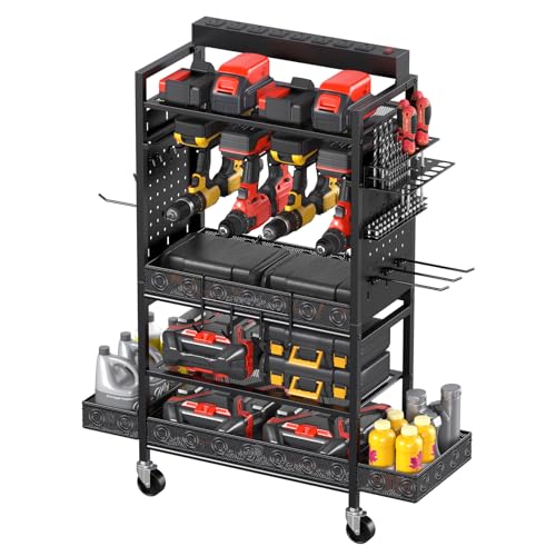 CCCEI Garage Power Tools Organizer Cart with Charging Station, Black Floor Standing Rolling Drill and Tools Battery Storage Cart on Wheels. Black Utility Rack Gift for Men, Husband, Father.