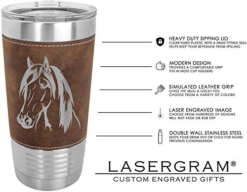 LaserGram 20oz Vacuum Insulated Tumbler Mug, Horse Head 1, (Faux Leather, black)