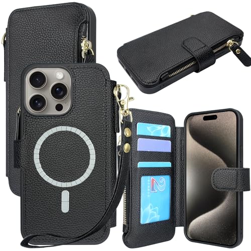 Lacass Compatible with MagSafe Case Wallet for iPhone 15 Pro 6.1 inch, 3 Card Holder Zipper Leather Wallet Cover Magnetic Closure Wrist Strap Lanyard (Black)