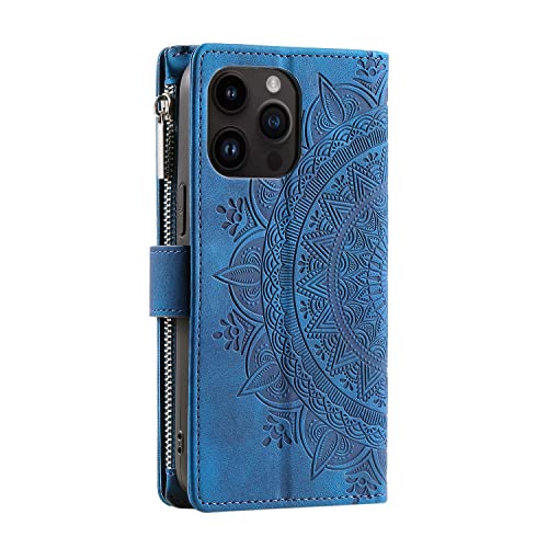 Mavis's Diary Compatible with iPhone 13 Pro Max Case Wallet for Women, Mandala Floral Embosssed PU Leather Folio Zipper Cover Magnetic Flip Book Case with Card Holder Wrist Strap (Blue)