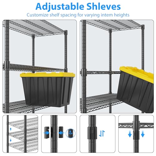 Homdox 60”W Storage Shelves, 4 Tier Heavy Duty Wire Shelving Unit with Wheels, 2400LBS Commercial Adjustable Metal Shelves for Storage, Garage Rack Pantry Shelves Kitchen Shelving, 24"x60"x72", Black